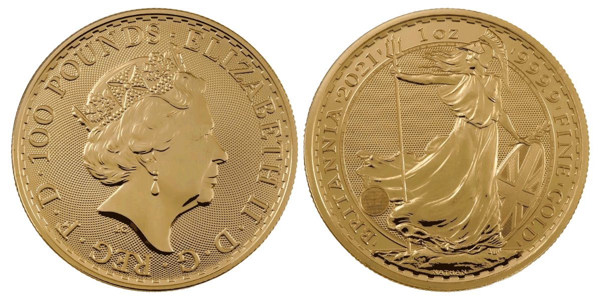 British one-ounce gold Britannias feature this classic reverse design, paired with a portrait of the current monarch on the obverse.