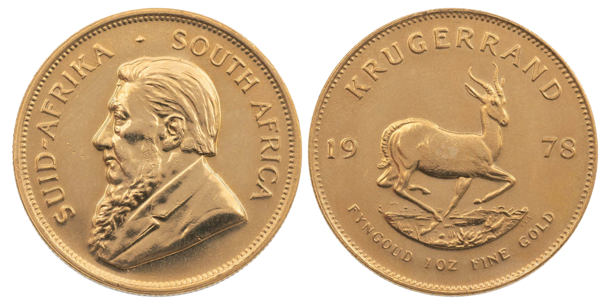 Gold Krugerrands feature a portrait of Paul Kruger on one side, paired with the image of a springbok on the reverse.