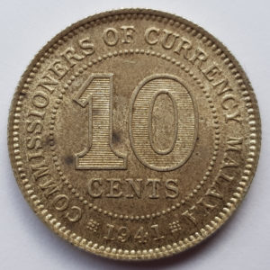 1941 Malaya Silver 10 Cents