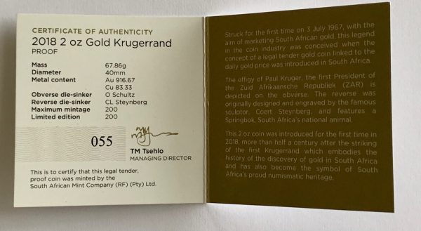 2018 Gold Proof Two Ounce Krugerrand